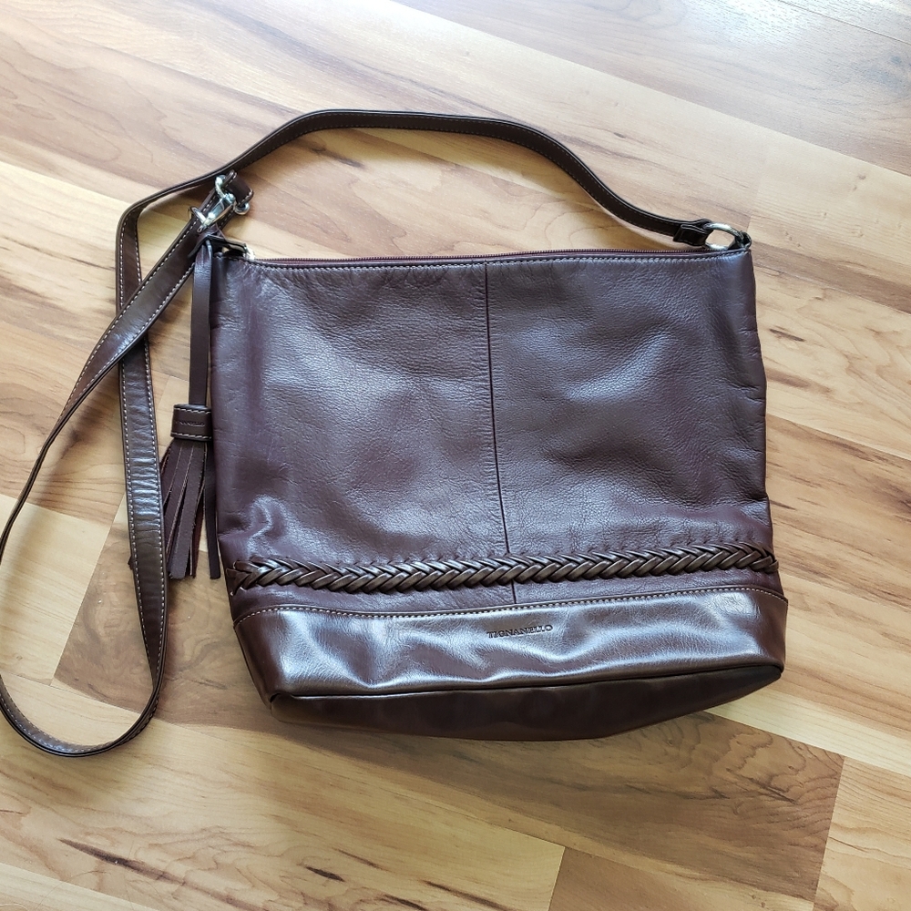 Tignanello crossbody brown bag purse braided detail
